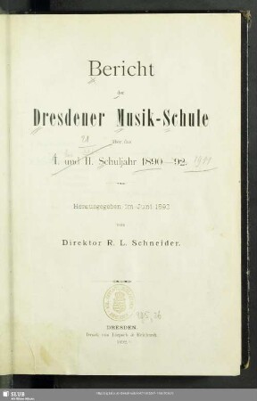 1/2.1890/92: Bericht der Dresdener Musik-Schule : über das ... Schuljahr ...