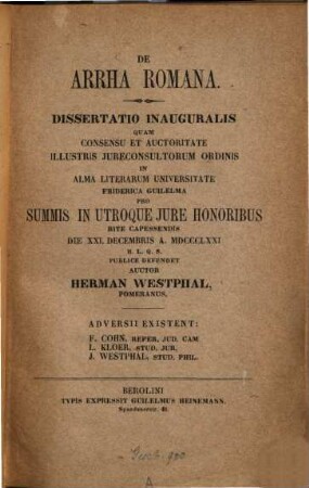 De arrha Romana : Inaug.-Diss. d. U. Berlin