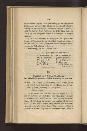 B. Bericht und Kosten-Anschlag des Zivil-Ingenieurs Wm. Lindley in London
