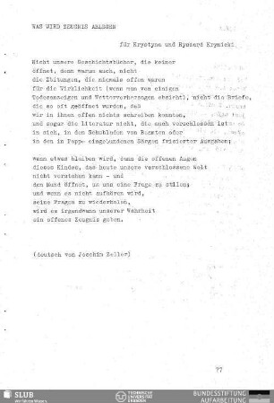 Was wird Zeugnis ablegen : für Krystyna und Ryszard Krynicki
