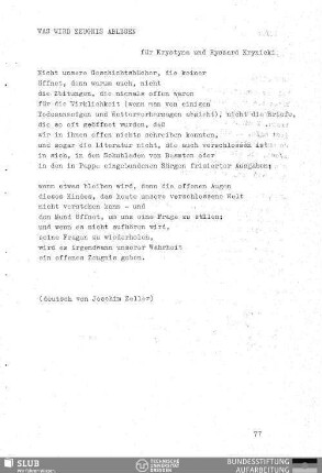 Was wird Zeugnis ablegen : für Krystyna und Ryszard Krynicki