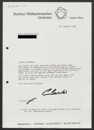 Brief an Wolfgang Rihm, 22.02.1996