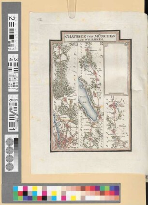 Reise Atlas von Bajern oder Geographisch-geometrische Darstellung aller bajrischen Haupt- und Landstraßen mit den daranliegenden Ortschaften und Gegenden : nebst Kurzer Beschreibungen alles dessen, was auf und an einer jeden der gezeichneten Straßen für den Reisenden merkwürdig seyn kann. [Gewidmet] Joseph August Grafen von Toerring, 12. Chaussee Von München Nach Weilheim