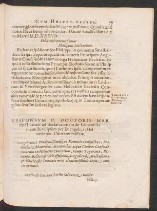 Responsum D. Doctoris Martini Lutheri ad declarationem de Concordia ...