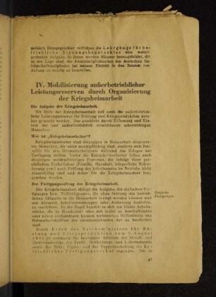 IV. Mobilisierung außerbetrieblicher Leistungsreserven durch Organisierung der Kriegsheimarbeit