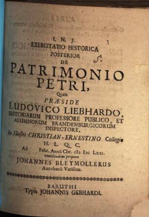Exercitatio Historica Posterior De Patrimonio Petri