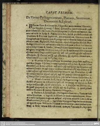 Caput Primum. Da Vacuo Pythagoricorum, Platonis, Stoicorum, Democriti & Epicuri