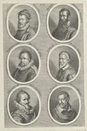Gruppenbildnis von Jean de Bologne, Pieter Breugel, Bartholomeus Spranger, Jaos de Wingen, Hans von Aachen und Joseph Heintz