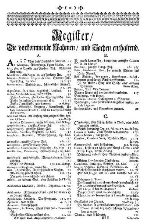 Register/ Die vorkommende Nahmen/ und Sachen enthaltend.