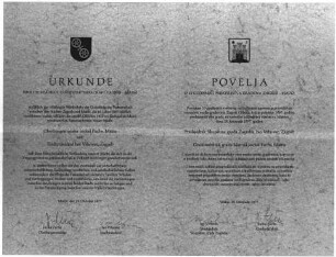 Urkunde über die 10jährige Städtepartnerschaft Zagreb-Mainz, unterzeichnet von Oberbürgermeister Jockel Fuchs und Stadtpräsident Ivo Vrhovec.