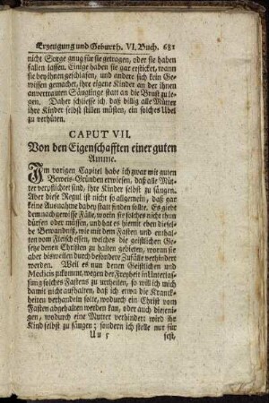 Caput VII. Von den Eigenschafften einer guten Amme. - Caput VIII. Was man für eine Wärterin erwehlen müsse.