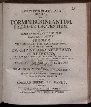 Dissertatio Inauguralis Medica, De Torminibus Infantum Praecipue Lactentium