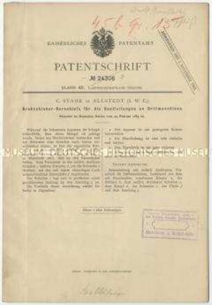 Patentschrift eines Drehschieber-Verschlusses für die Saatleitungen an Drillmaschinen, Patent-Nr. 24306