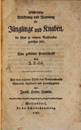 Höchstnöthige Belehrung für Jünglinge und Knaben