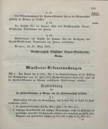 61. Ministerial-Bekanntmachung, betreffend die Wahlordnung für die Handwerkskammer zu Weimar und den Gesellenausschuß derselben