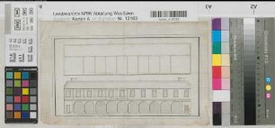 Bentlage (Rheine) Wagenremise Grundriß, Ansicht 1804 30 Fuß = 6 cm 14,5 x 27 kol. Zeichnung Elberfeld Bentlage
