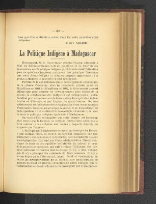 La Politique Indigène á Madagascar.