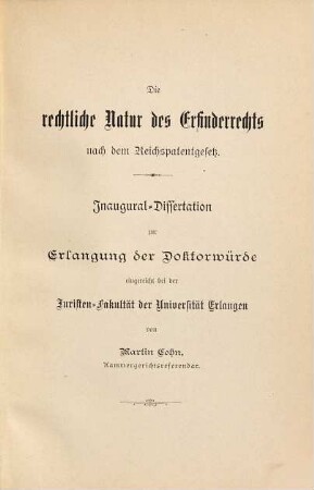 Die rechtliche Natur des Erfinderrechts nach dem Reichspatentgesetz