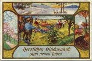 Neujahrskarte mit Werbung für Mähmaschinen von "Massey-Harris"