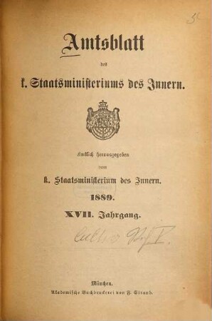 Amtsblatt des Königlichen Staatsministeriums des Innern. 17. 1889