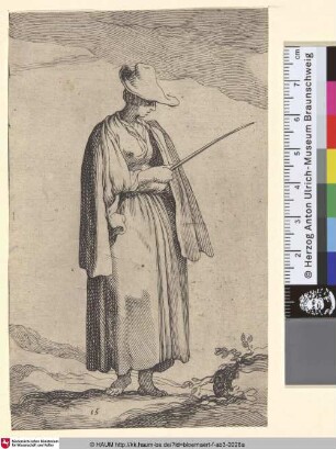 [A young Peasant Woman; Junge Bäuerin mit einem Stock in der Hand in Hut und Mantel]
