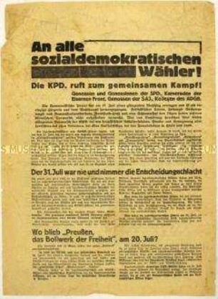 Aufruf der KPD an SPD-Wähler zum gemeinsamen Kampf gegen den Faschismus