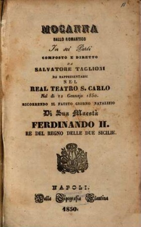 Mocanna : ballo romantico in sei parti ; da rappresentarsi nel Real Teatro S. Carlo nel dì 12 gennajo 1850