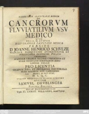 Dissertatio Inavgvralis Medica De Cancrorvm Flvviatilivm Vsv Medico
