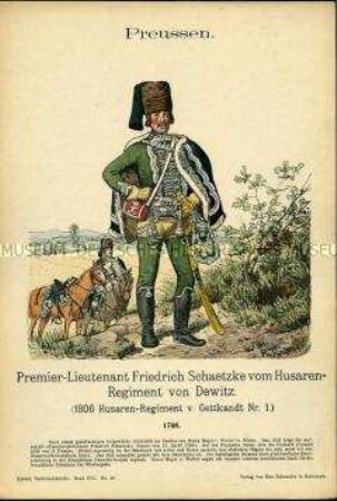 Uniformdarstellung, Porträt, Premier-Leutnant Friedrich Schaetzke des Husaren-Regiments H 1, Königreich Preußen, 1748.