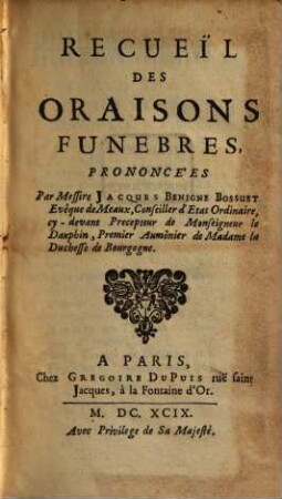 Recueil des Oraisons funebres