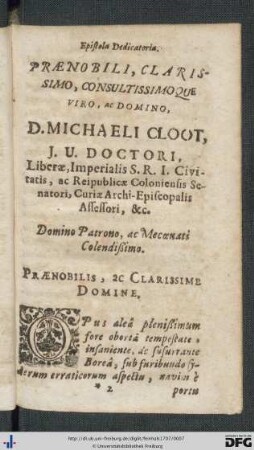 Praenobili, Clarissimo, Consultissimoque Viro, Ac Domino, D. Michaeli Cloot ...