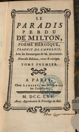 Le Paradis Perdu de Milton : poeme heroique, 1