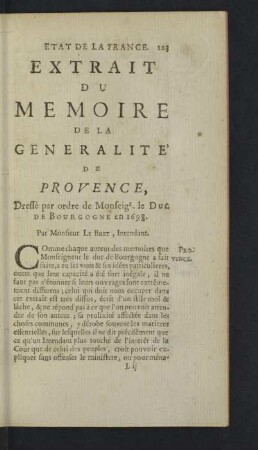 Extrait du Memoire de la Generalité de Provence