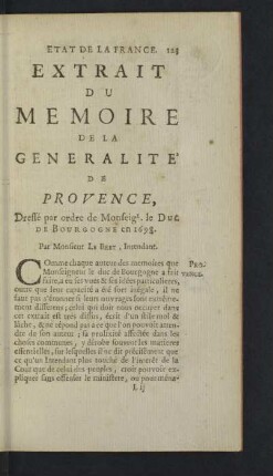 Extrait du Memoire de la Generalité de Provence