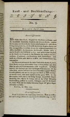 Leipziger Kunst- und Buchhandlungs-Zeitung. No. 5. Den 23ten April 1790.