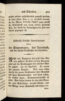 425, Historisch kritische Untersuchungen über den Stammvater, das Vaterland, und die älteste Geschichte der Chaldäer.