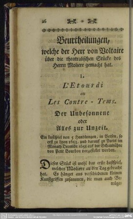 Beurtheilungen, welche der Herr von Voltaire über die theatralischen Stücke des Herrn Moliere gemacht hat