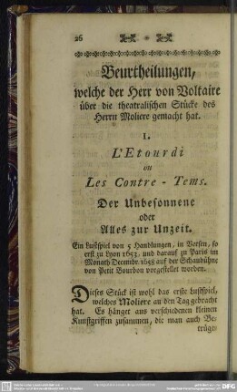 Beurtheilungen, welche der Herr von Voltaire über die theatralischen Stücke des Herrn Moliere gemacht hat