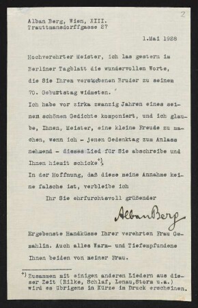 Brief von Alban Berg an Gerhart Hauptmann
