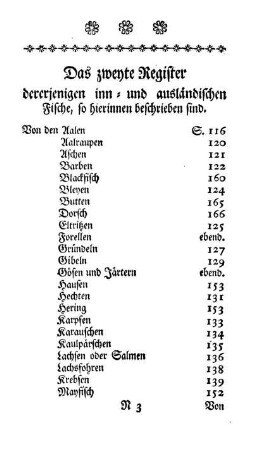 Das zweyte Register dererjenigen inn- und ausländischen Fische, so hierinnen beschrieben sind.