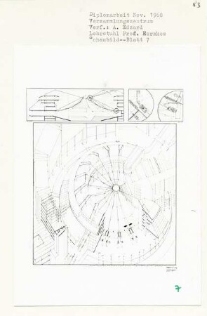 Versammlungszentrum am Mehringplatz, Berlin-Kreuzberg (Diplomarbeit bei Bernhard Hermkes): Konstruktionssystem ausfahrbares Zeltdach, Schnitt, Isometrie 1:200 und Detail 1:10