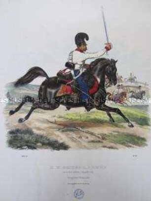 Uniformdarstellung, Gemeiner des Dragoner-Regiments zu Pferd, Österreich, 1840. Tafel aus: Trentsensky: K.K. Oesterreichische Armée nach der neuen Adjustirung.