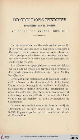 Sér. 4: Inscriptions inedites recueillies par la Société : au cours des années 1902-1903