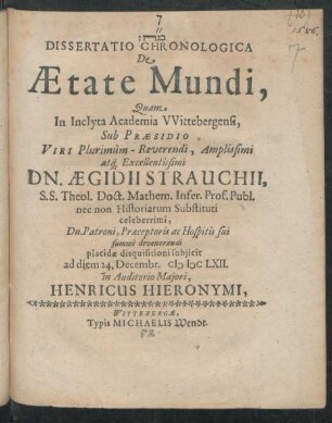 Dissertatio Chronologica De Aetate Mundi