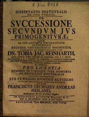 Dissertatio Inauguralis Ex Iure Publico; De Successione Secundum Ius Primoeniturae