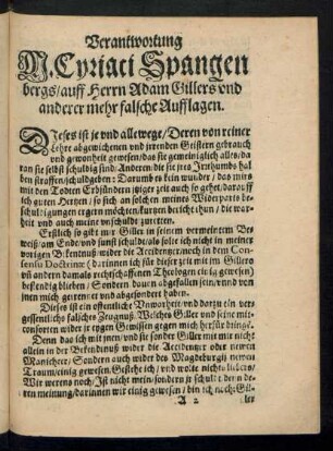 Verantwortung M. Cyriaci Spangenbergs/ auff Herrn Adam Gillers und anderer mehr falsche Aufflagen.