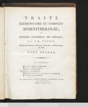 T. 2: Traité Elémentaire Et Complet D'Ornithologie Ou Histoire Naturelle Des Oiseaux