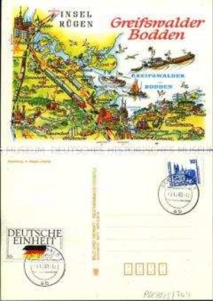 Karte des Greifswalder Boddens, mit Marke und Stempel zum 3. Oktober 1990
