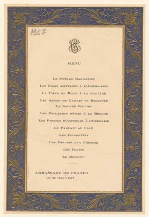 Menükarte : Menü, Ambassade de France