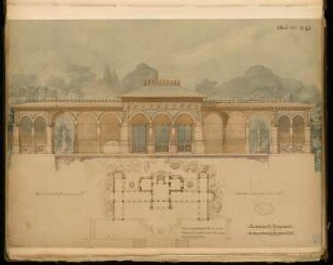 Gartenhaus Monatskonkurrenz Oktober 1877: Lageplan mit Grundriss, Aufriss Gartenansicht; 2 Maßstabsleisten, Erläuterungstext